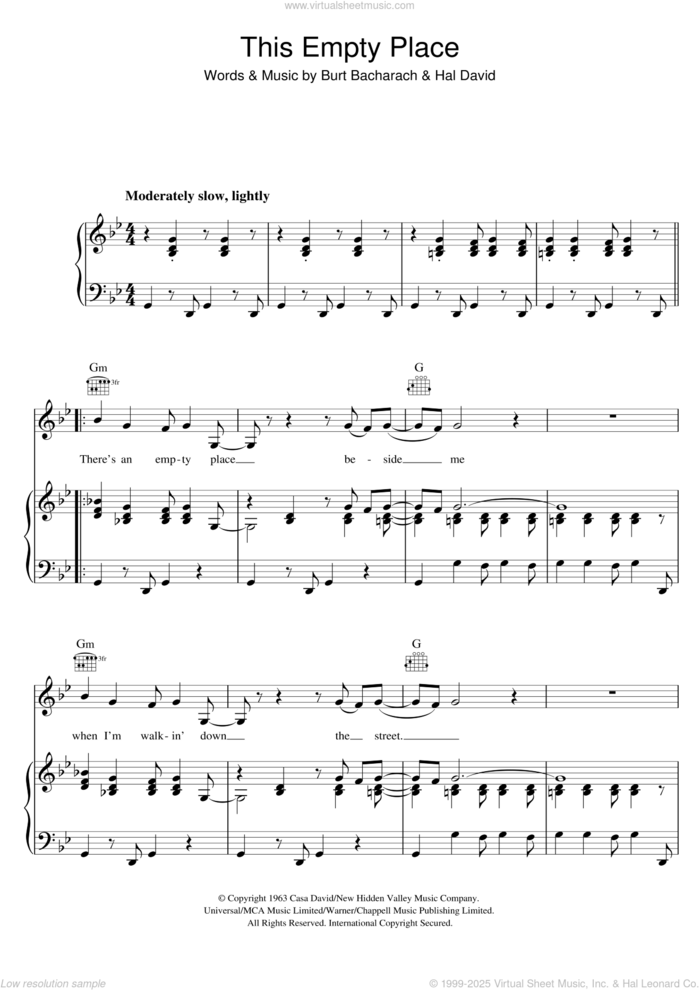 This Empty Place sheet music for voice, piano or guitar by Dionne Warwick, Burt Bacharach and Hal David, intermediate skill level