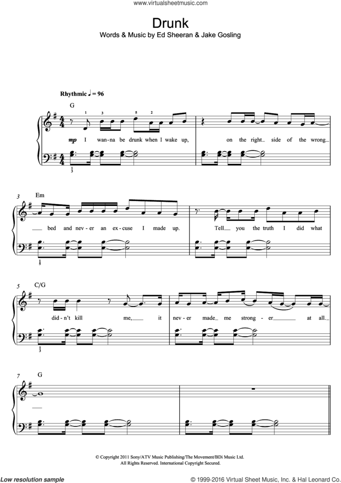 Drunk sheet music for piano solo by Ed Sheeran and Jake Gosling, easy skill level