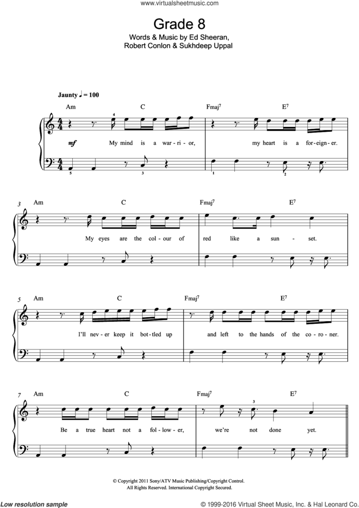 Grade 8 sheet music for piano solo by Ed Sheeran, Robert Conlon and Sukhdeep Uppal, easy skill level