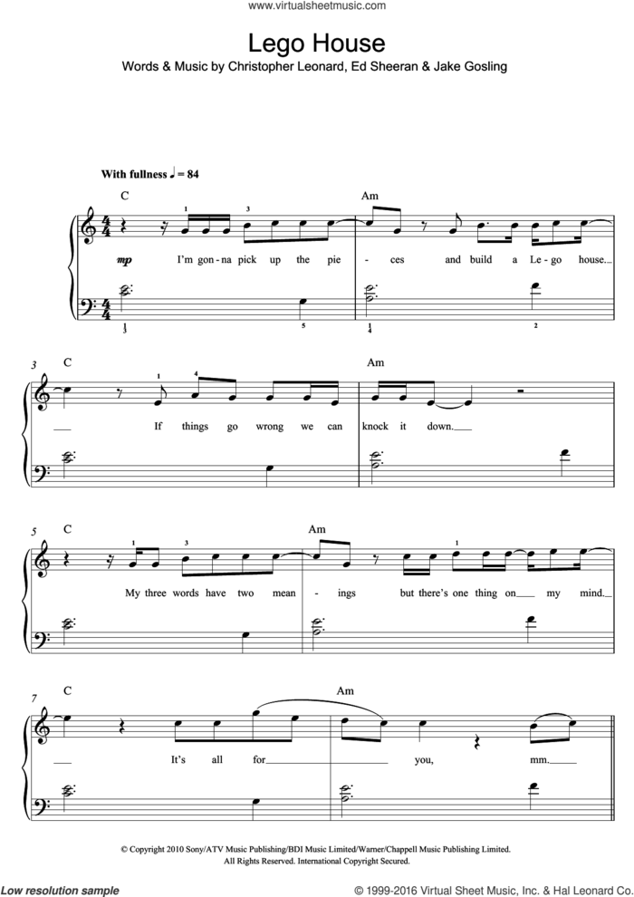 Lego House sheet music for piano solo by Ed Sheeran, Christopher Leonard and Jake Gosling, easy skill level