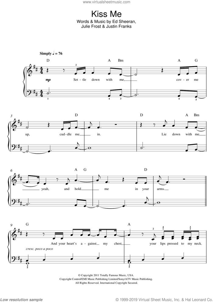 Kiss Me sheet music for piano solo by Ed Sheeran, Julie Frost and Justin Franks, easy skill level