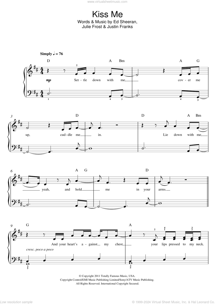 Kiss Me, (easy) sheet music for piano solo by Ed Sheeran, Julie Frost and Justin Franks, wedding score, easy skill level