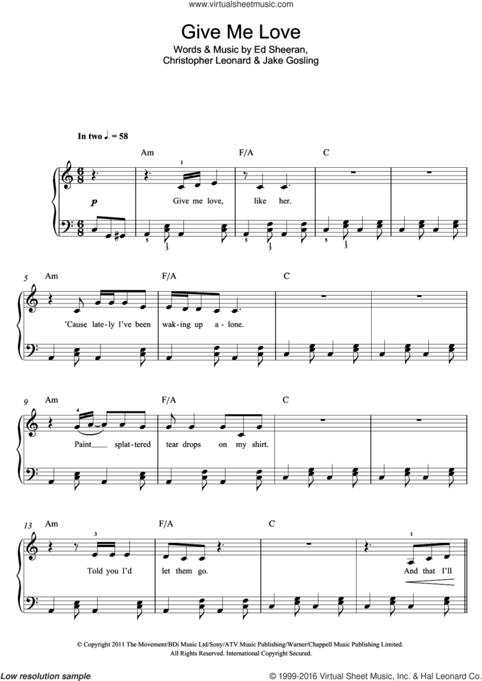 Give Me Love sheet music for piano solo by Ed Sheeran, Christopher Leonard and Jake Gosling, easy skill level