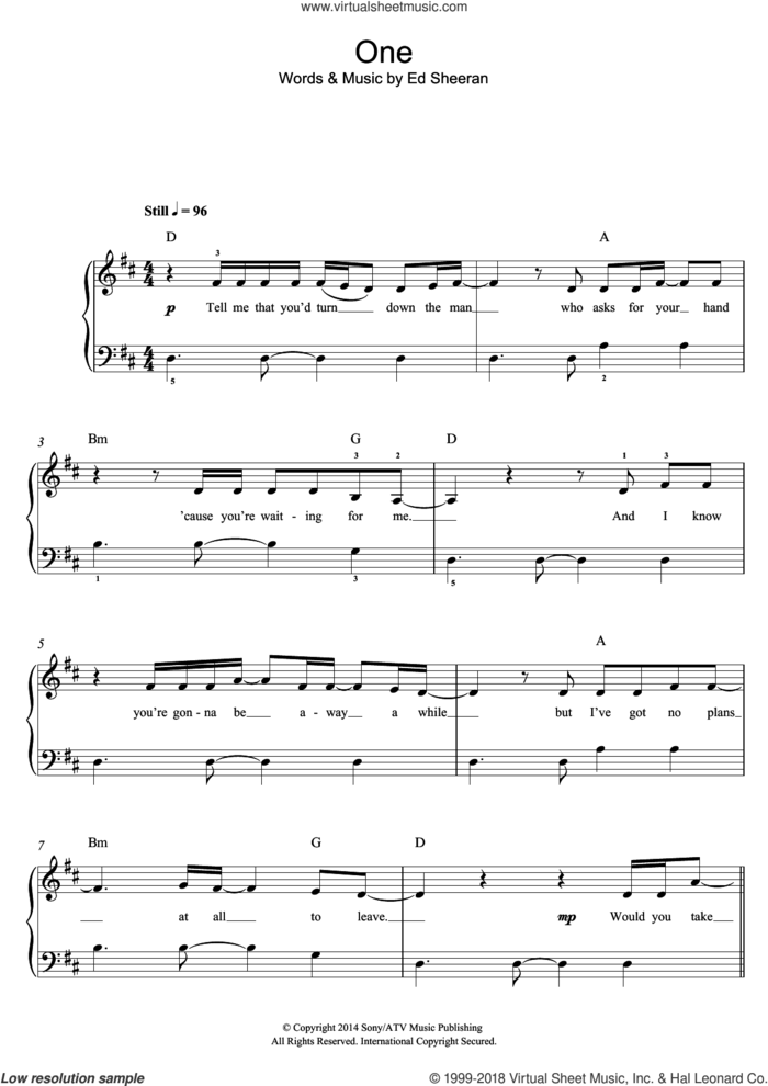 One sheet music for piano solo by Ed Sheeran, easy skill level