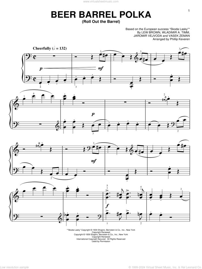 Beer Barrel Polka (Roll Out The Barrel) [Classical version] (arr. Phillip Keveren) sheet music for piano solo by Lew Brown, Phillip Keveren, Bobby Vinton, Miscellaneous, Jaromir Vejvoda, Vasek Zeman and Wladimir A. Timm, easy skill level