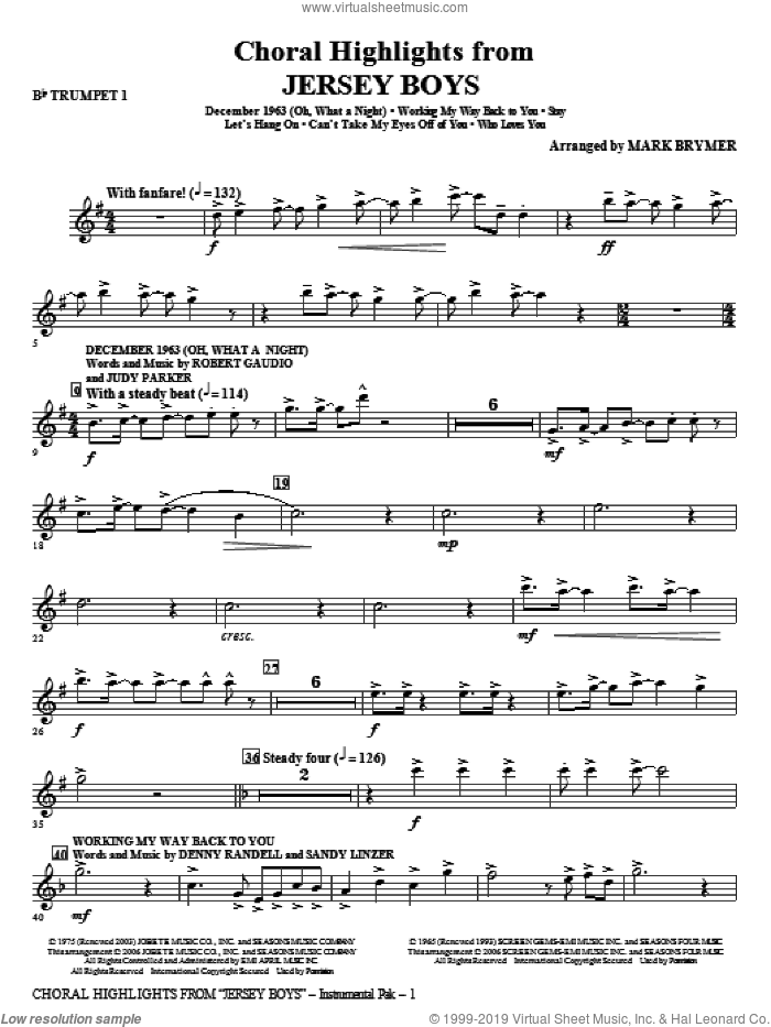 Jersey Boys (Choral Highlights) (complete set of parts) sheet music for orchestra/band by Mark Brymer, Bob Gaudio, Judy Parker and Frankie Valli & The Four Seasons, intermediate skill level