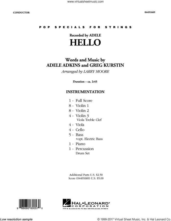 Hello (COMPLETE) sheet music for orchestra by Adele, Adele Adkins, Greg Kurstin and Larry Moore, intermediate skill level