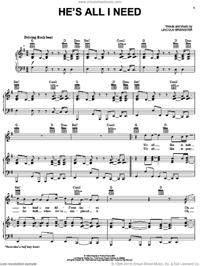 He's All I Need sheet music for voice, piano or guitar by Lincoln Brewster, intermediate skill level
