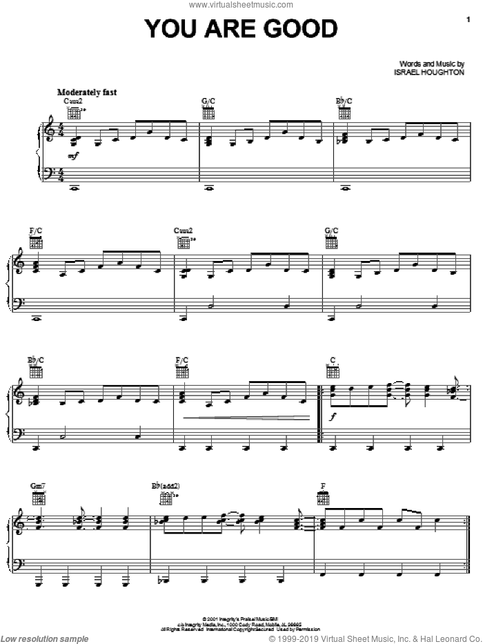 You Are Good sheet music for voice, piano or guitar by Lincoln Brewster, The Katinas and Israel Houghton, intermediate skill level