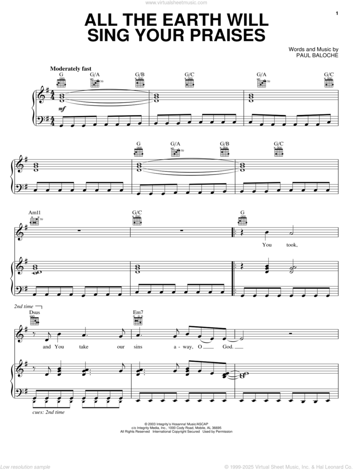 All The Earth Will Sing Your Praises sheet music for voice, piano or guitar by Lincoln Brewster and Paul Baloche, intermediate skill level