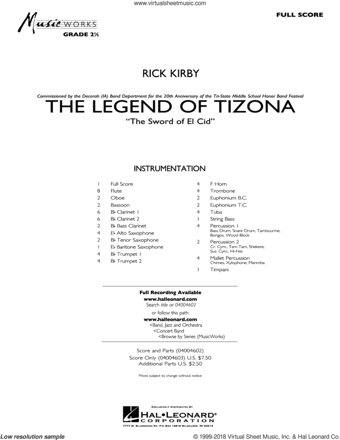 The Legend of Tizona (COMPLETE) sheet music for concert band by Rick Kirby, intermediate skill level