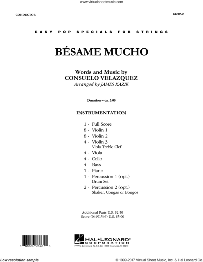 Besame Mucho (COMPLETE) sheet music for orchestra by James Kazik and Consuelo Velazquez, intermediate skill level