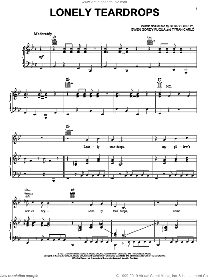 Lonely Teardrops sheet music for voice, piano or guitar by Jackie Wilson, Berry Gordy, Gwen Gordy Fuqua and Tyran Carlo, intermediate skill level
