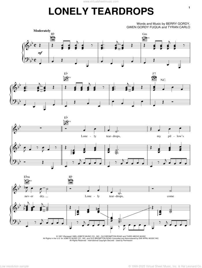 Lonely Teardrops sheet music for voice, piano or guitar by Jackie Wilson, Berry Gordy, Gwen Gordy Fuqua and Tyran Carlo, intermediate skill level