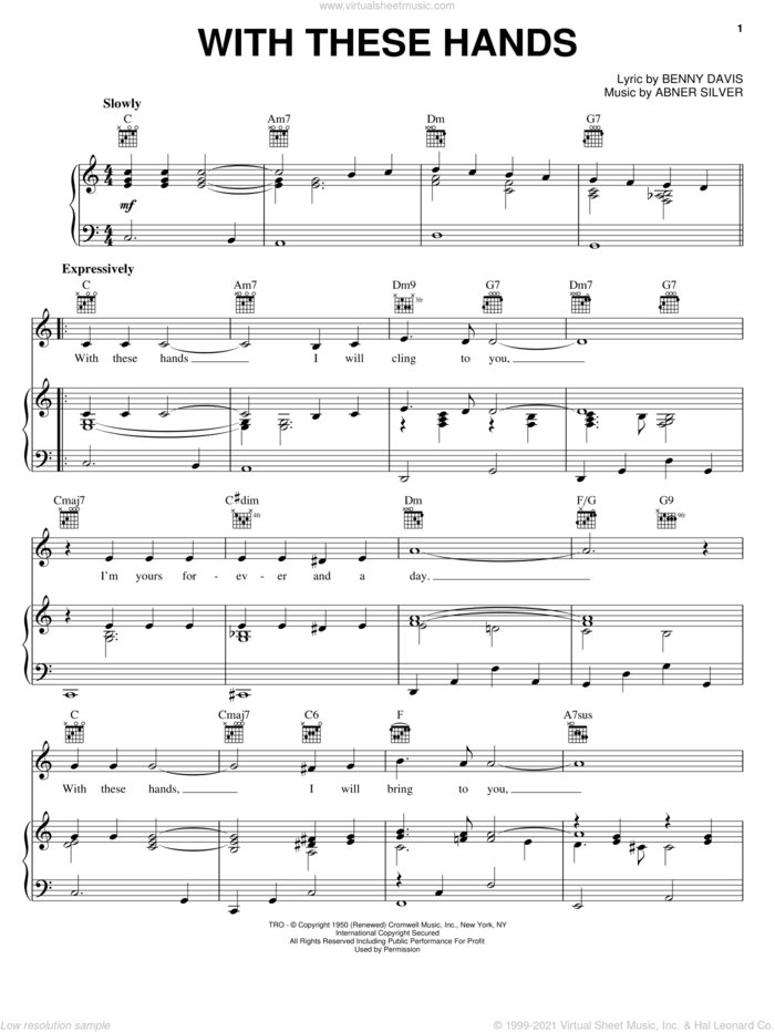 With These Hands sheet music for voice, piano or guitar by Tom Jones, Shirley Bassey, Abner Silver and Benny Davis, intermediate skill level