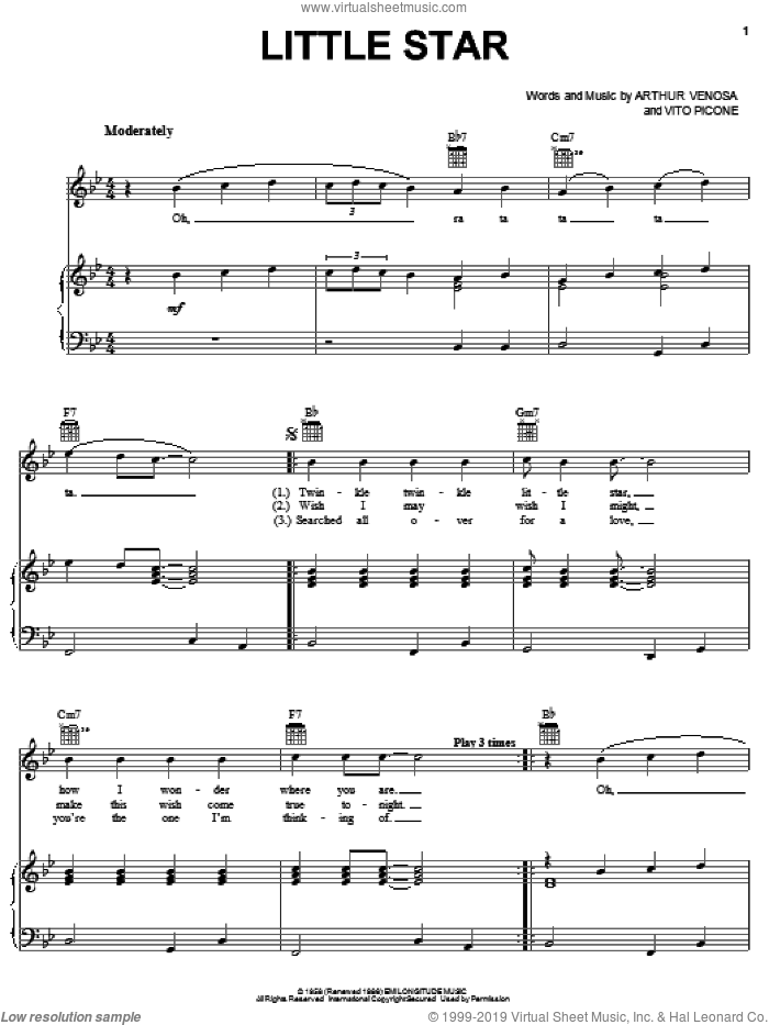 Little Star sheet music for voice, piano or guitar by The Elegants, Arthur Venosa and Vito Picone, intermediate skill level