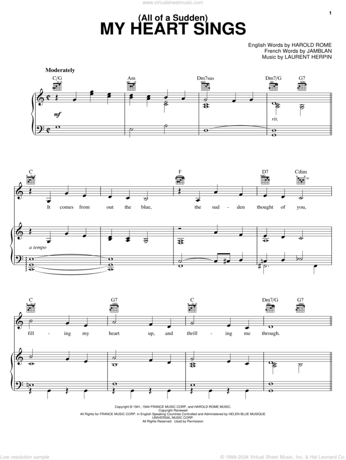 (All Of A Sudden) My Heart Sings sheet music for voice, piano or guitar by Paul Anka, Harold Rome, Jamblan and Laurent Herpin, intermediate skill level