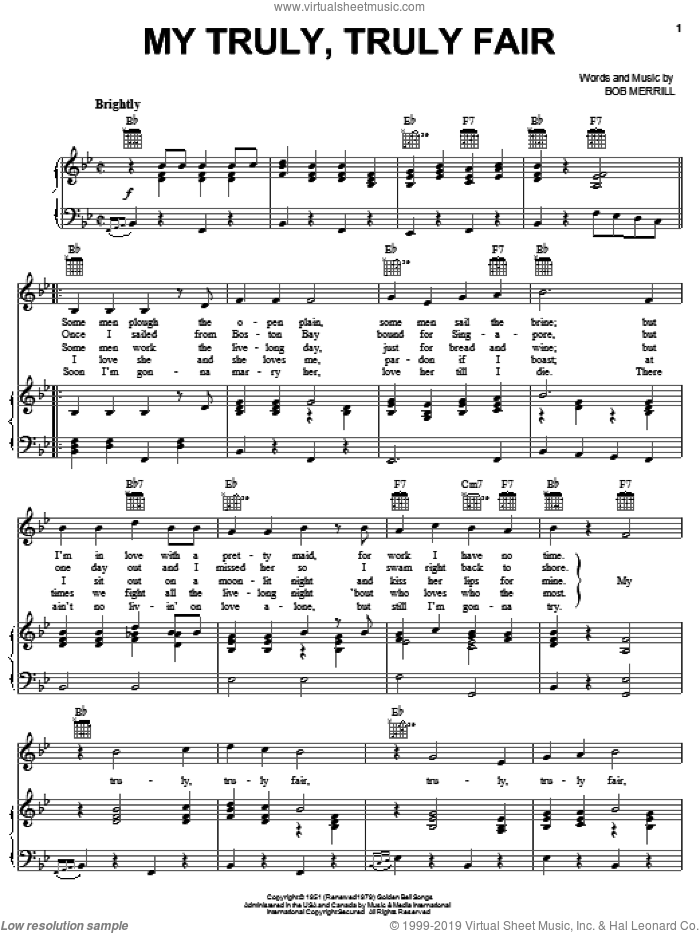 My Truly, Truly Fair sheet music for voice, piano or guitar by Guy Mitchell and Bob Merrill, intermediate skill level