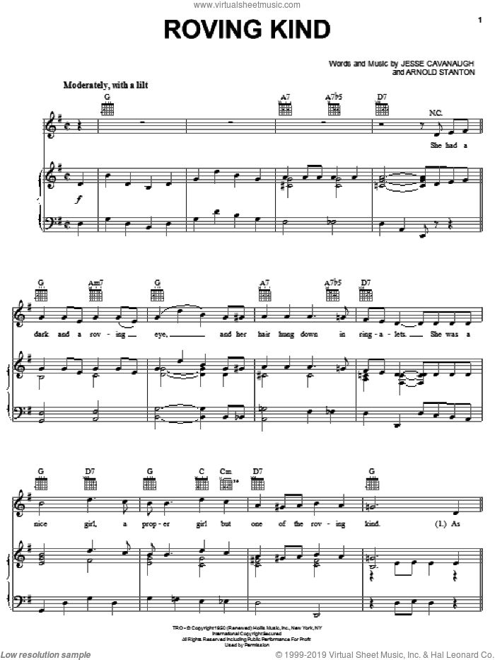 Roving Kind sheet music for voice, piano or guitar by Guy Mitchell, Arnold Stanton and Jesse Cavanaugh, intermediate skill level