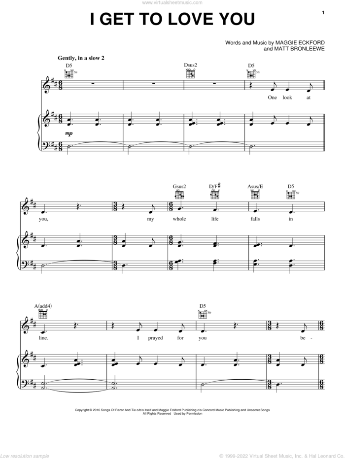 I Get To Love You sheet music for voice, piano or guitar by Ruelle, Maggie Eckford and Matt Bronleewe, wedding score, intermediate skill level