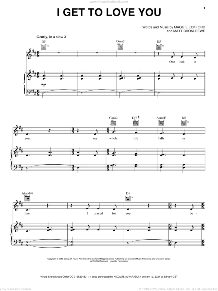 I Get To Love You sheet music for voice, piano or guitar by Ruelle, Maggie Eckford and Matt Bronleewe, wedding score, intermediate skill level