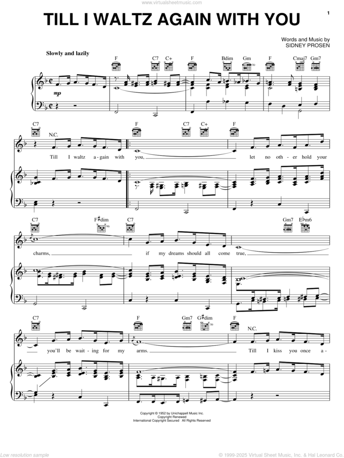 Till I Waltz Again With You sheet music for voice, piano or guitar by Teresa Brewer and Sidney Prosen, intermediate skill level