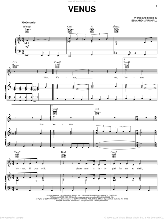 Venus sheet music for voice, piano or guitar by Frankie Avalon and Edward Marshall, intermediate skill level