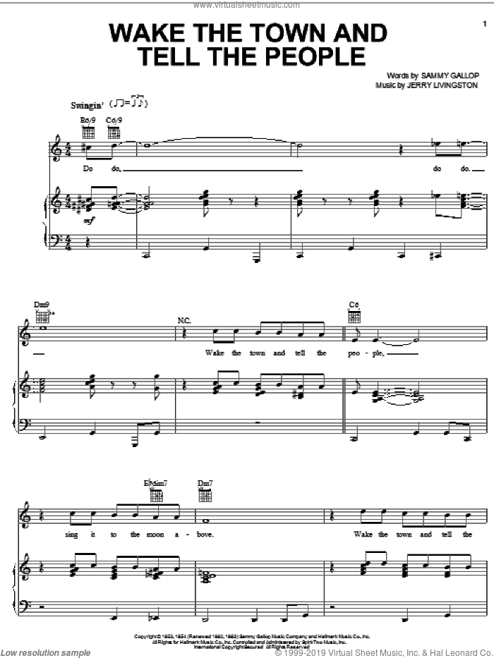 Wake The Town And Tell The People sheet music for voice, piano or guitar by Les Baxter, Jerry Livingston and Sammy Gallop, intermediate skill level