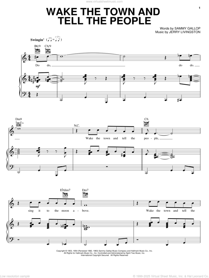 Wake The Town And Tell The People sheet music for voice, piano or guitar by Les Baxter, Jerry Livingston and Sammy Gallop, intermediate skill level