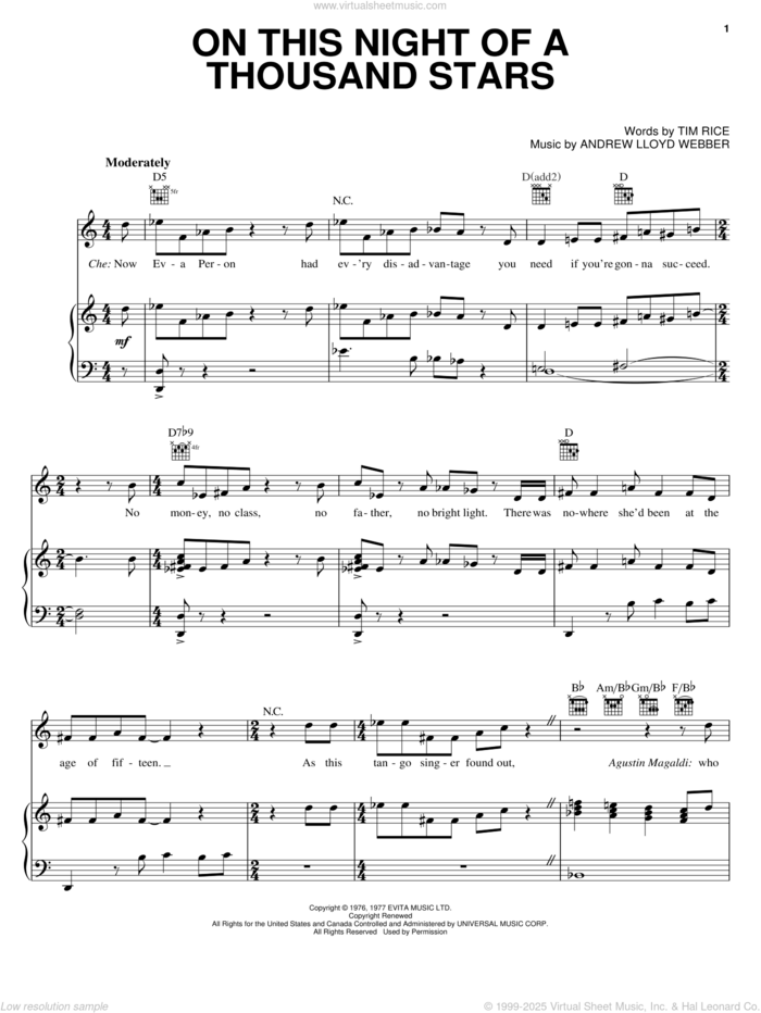 On This Night Of A Thousand Stars sheet music for voice, piano or guitar by Andrew Lloyd Webber, Evita (Musical) and Tim Rice, intermediate skill level