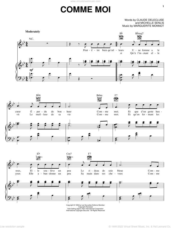 Comme Moi sheet music for voice, piano or guitar by Edith Piaf, Claude Delecluse, Marguerite Monnot and Michelle Senlis, intermediate skill level