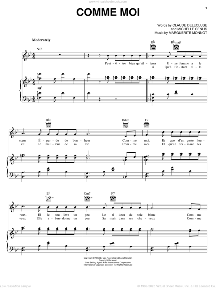 Comme Moi sheet music for voice, piano or guitar by Edith Piaf, Claude Delecluse, Marguerite Monnot and Michelle Senlis, intermediate skill level