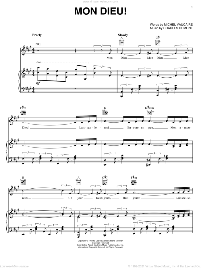 Mon Dieu! sheet music for voice, piano or guitar by Edith Piaf, Charles Dumont and Michel Vaucaire, intermediate skill level