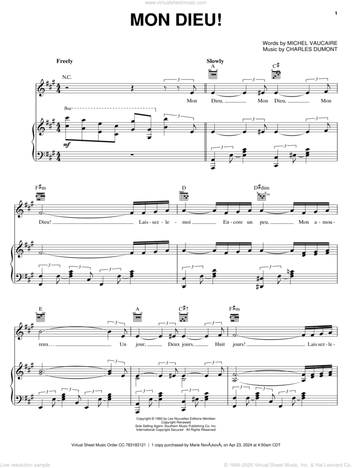 Mon Dieu! sheet music for voice, piano or guitar by Edith Piaf, Charles Dumont and Michel Vaucaire, intermediate skill level