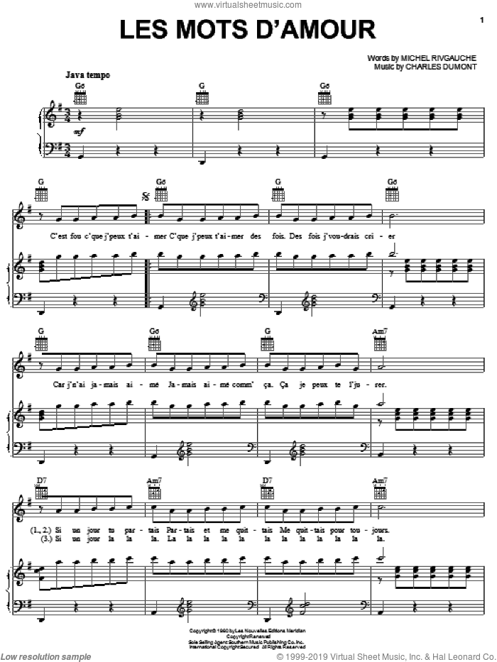 Les Mots D'amour sheet music for voice, piano or guitar by Edith Piaf, Charles Dumont and Michel Rivgauche, intermediate skill level