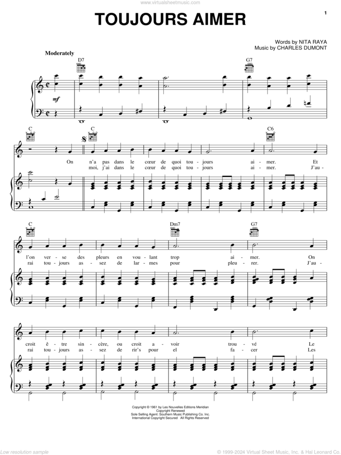 Toujours Aimer sheet music for voice, piano or guitar by Edith Piaf, Charles Dumont and Nita Raya, intermediate skill level