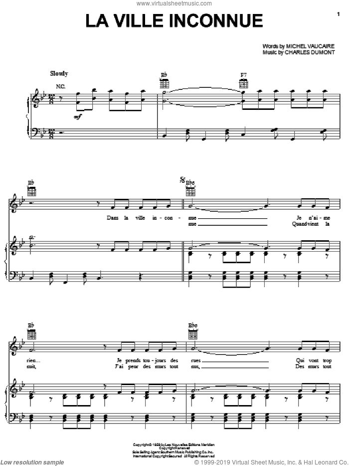 La Ville Inconnue sheet music for voice, piano or guitar by Edith Piaf, Charles Dumont and Michel Vaucaire, intermediate skill level