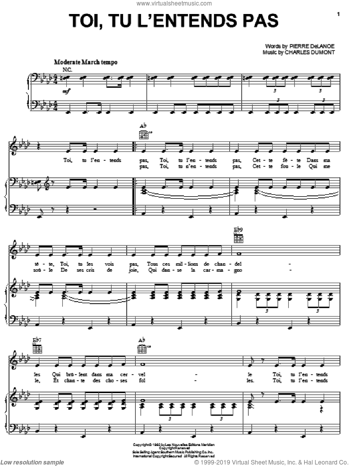Toi, Tu L'entends Pas sheet music for voice, piano or guitar by Edith Piaf, Charles Dumont and Pierre Delanoe, intermediate skill level