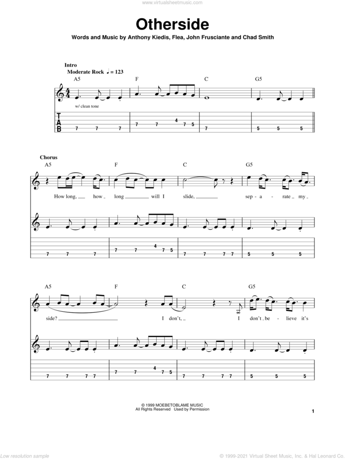 Otherside sheet music for guitar solo (easy tablature) by Red Hot Chili Peppers, Anthony Kiedis, Chad Smith, Flea and John Frusciante, easy guitar (easy tablature)