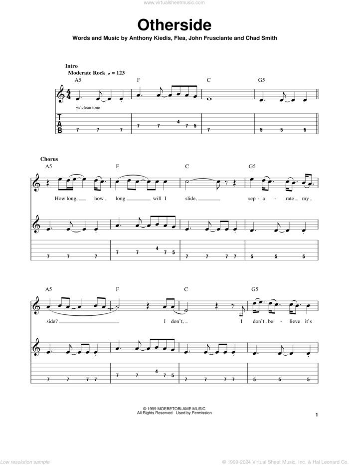 Otherside sheet music for guitar solo (easy tablature) by Red Hot Chili Peppers, Anthony Kiedis, Chad Smith, Flea and John Frusciante, easy guitar (easy tablature)