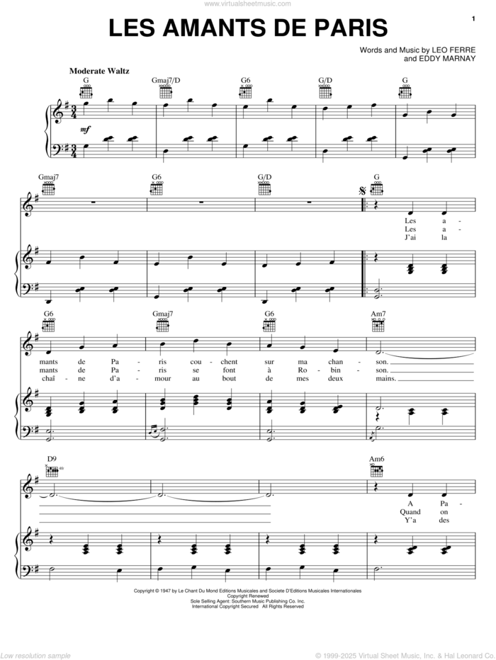 Les Amants De Paris sheet music for voice, piano or guitar by Edith Piaf, Eddy Marnay and Leo Ferre, intermediate skill level