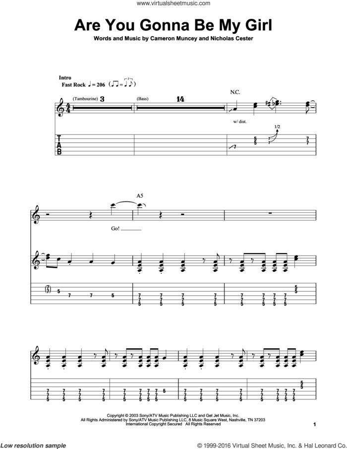Are You Gonna Be My Girl sheet music for guitar solo (easy tablature) by Nic Cester and Cameron Muncey, easy guitar (easy tablature)