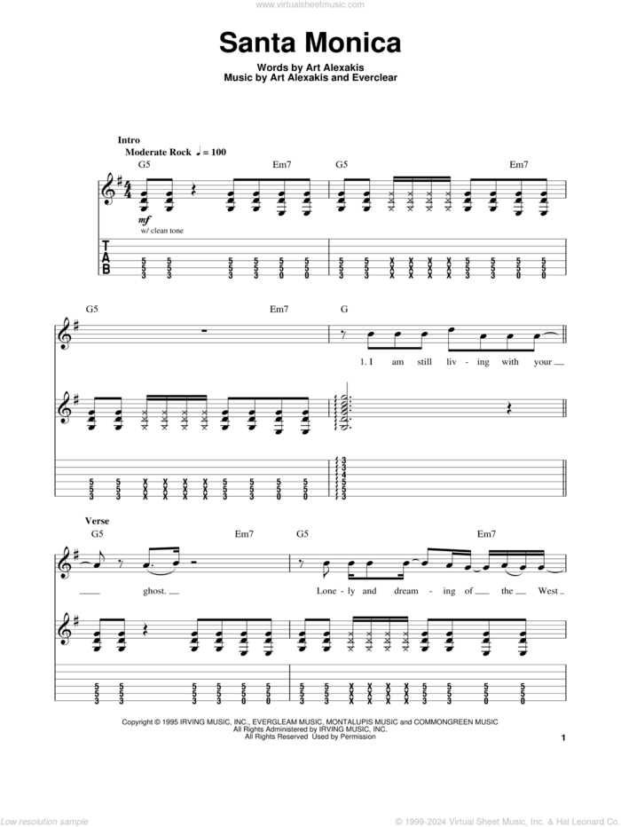 Santa Monica sheet music for guitar solo (easy tablature) by Everclear and Art Alexakis, easy guitar (easy tablature)