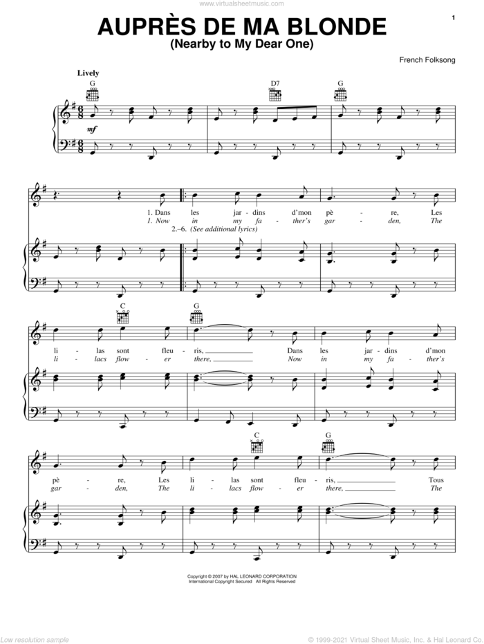 Aupres De Ma Blonde (Nearby To My Dear One) sheet music for voice, piano or guitar, classical score, intermediate skill level