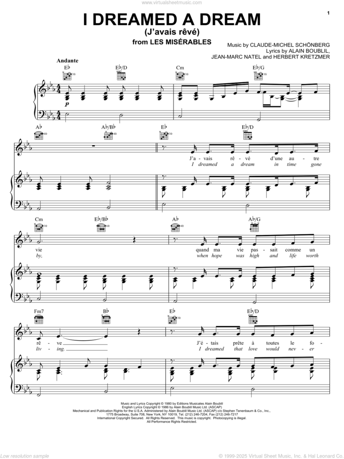 I Dreamed A Dream (J'avais Reve) sheet music for voice, piano or guitar by Claude-Michel Schonberg, Les Miserables (Musical), Alain Boublil, Herbert Kretzmer and Jean-Marc Natel, intermediate skill level