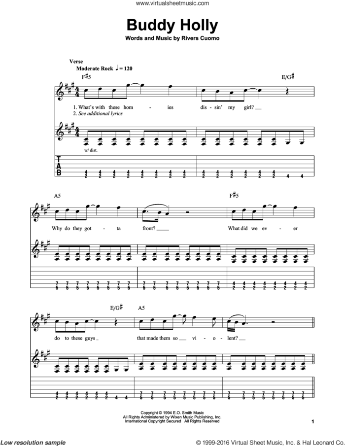 Buddy Holly sheet music for guitar solo (easy tablature) by Weezer and Rivers Cuomo, easy guitar (easy tablature)