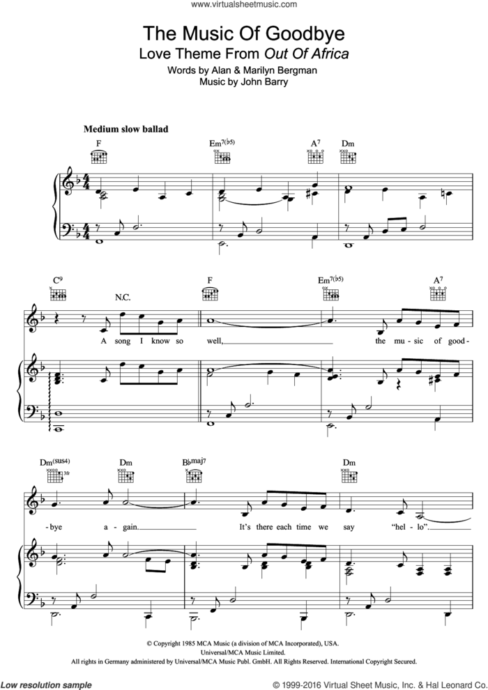 The Music Of Goodbye sheet music for piano solo by John Barry, Alan and Marilyn Bergman, intermediate skill level