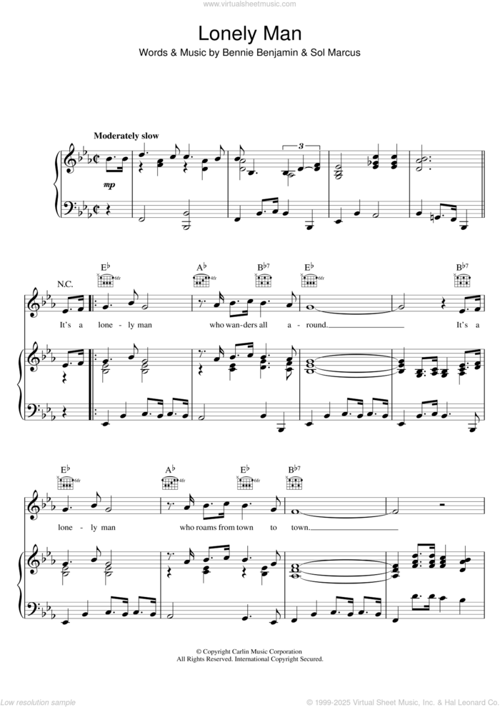 Lonely Man sheet music for voice, piano or guitar by Elvis Presley, Bennie Benjamin and Sol Marcus, intermediate skill level