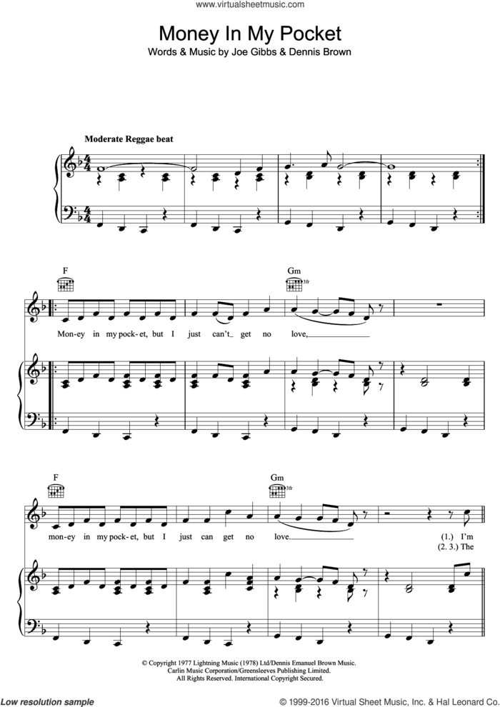 Money In My Pocket sheet music for voice, piano or guitar by Dennis Brown and Joe Gibbs, intermediate skill level