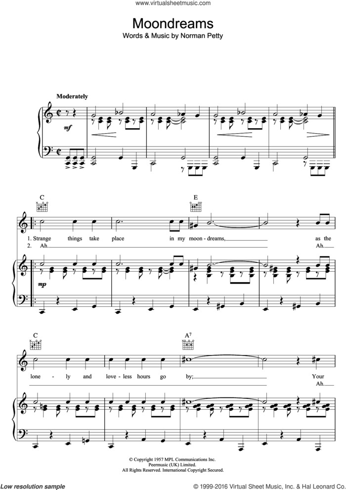 Moondreams sheet music for voice, piano or guitar by Buddy Holly and Norman Petty, intermediate skill level